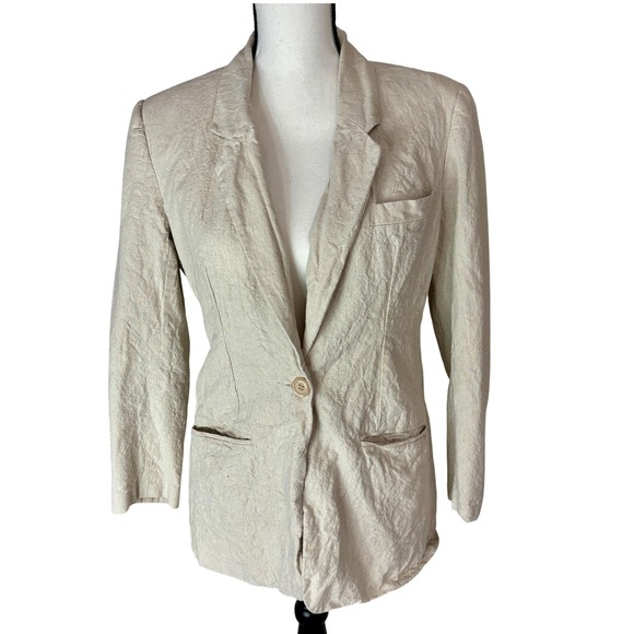 Cute 90s‎ Linen Blend Beige Creamy Single Button Blazer Jacket Size 6P Modern S - Picture 1 of 10